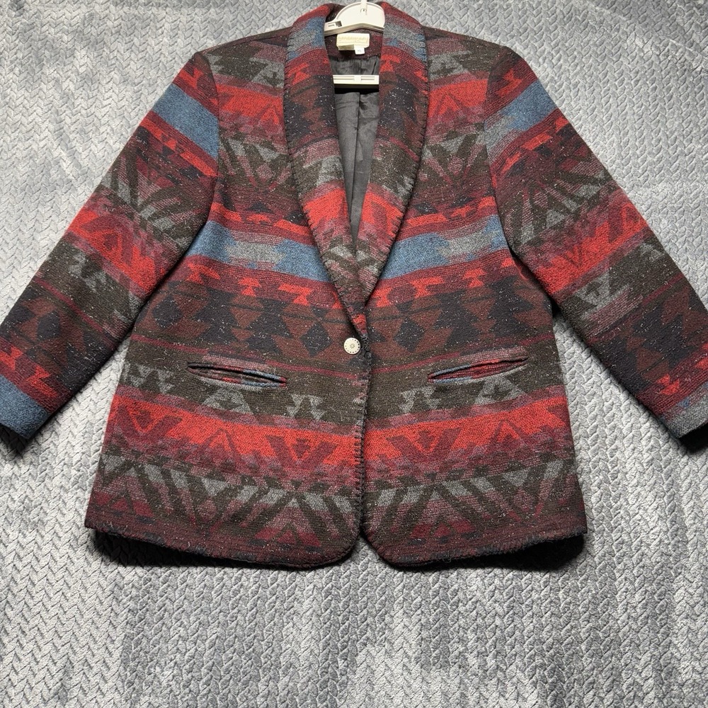 VTG 90s Coldwater Creek Aztec Southwest Blazer Jacket XL Wool USA‎ Red Gray